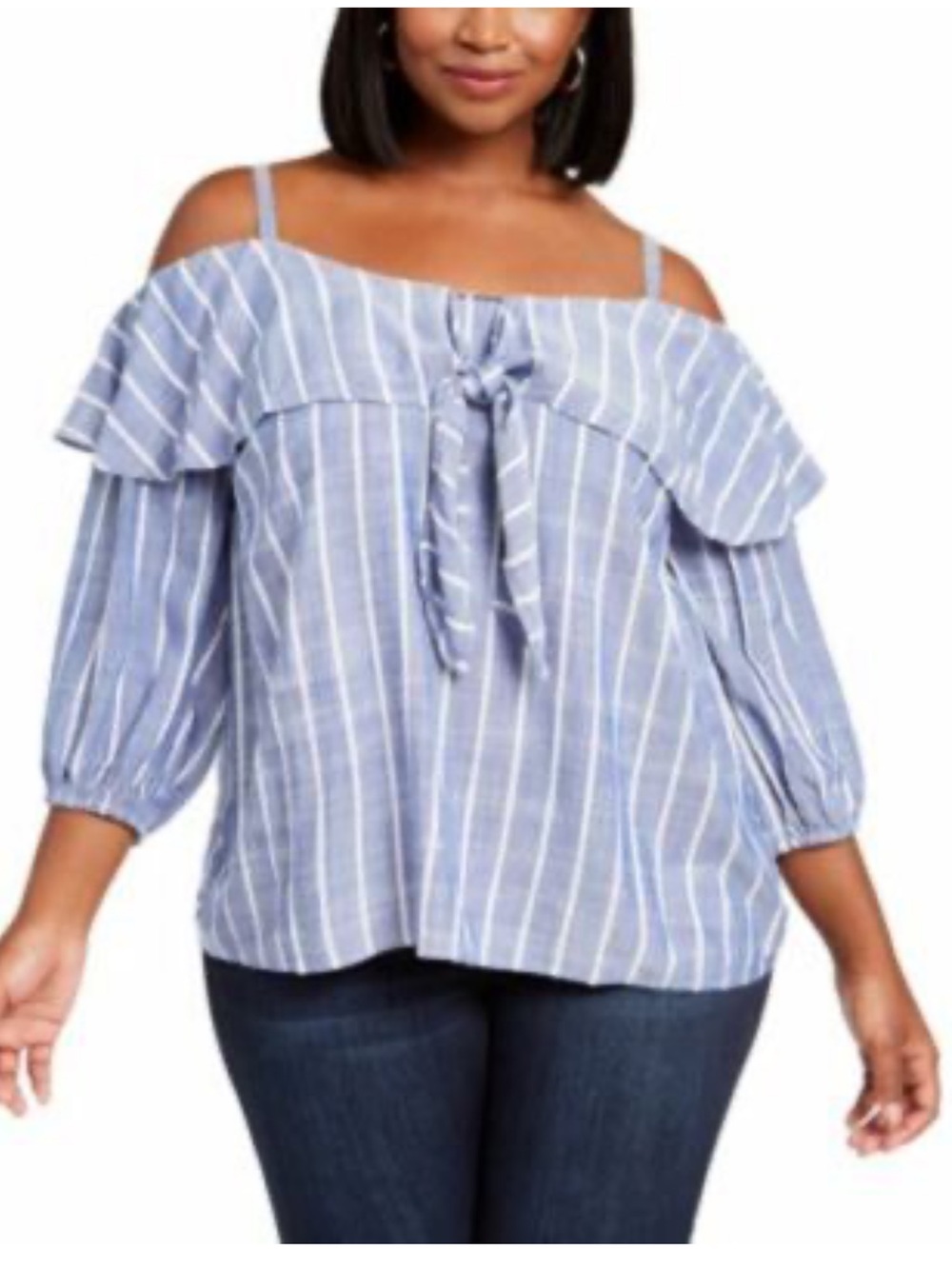 INC International Concepts Blue and White Striped Cold-Shoulder Tie-Front Top